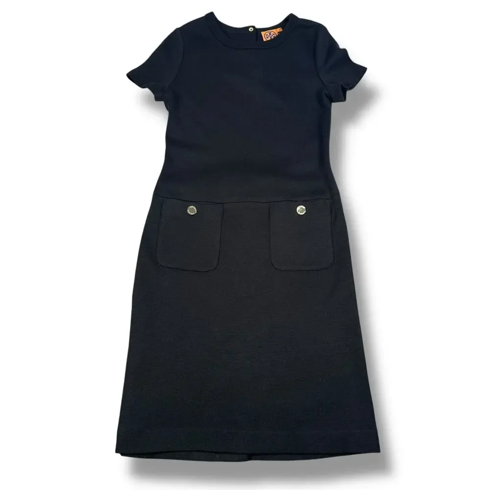 Tory Burch Anthea‎ Wool Dress Women’s Small Black Front Pockets Short Sleeve